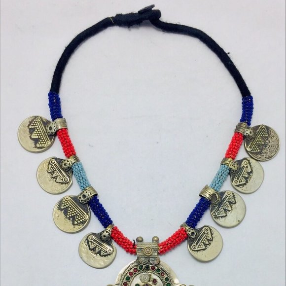 Vintage Coins Necklace With Dangling Pendant,Tribal Beaded Pendant Necklace - Picture 3 of 7